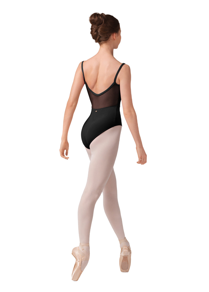 Mirella women's camisole leotard in black with mesh back and pinstriped trim and straps.