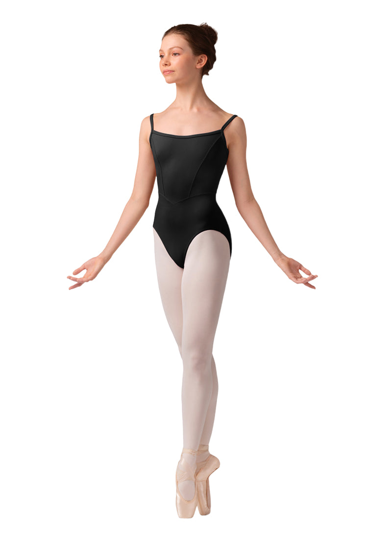 Mirella women's camisole leotard in black with princess seams and pinstriped trim and straps.