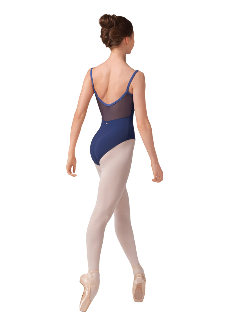 Mirella women's camisole leotard in blue with mesh back and pink pinstriped trim and straps.