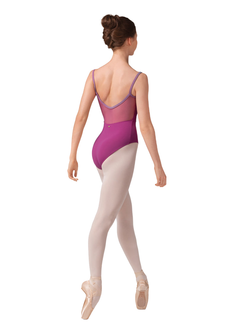 Mirella women's camisole leotard in magenta with mesh back and blue pinstriped trim and straps.