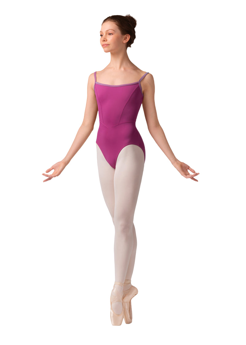 Mirella women's camisole leotard in magenta with princess seams and blue pinstriped trim and straps.