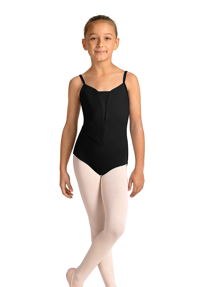 Mirella M70006CB youth camisole leotard in black with deep V insert and tapered waist seam