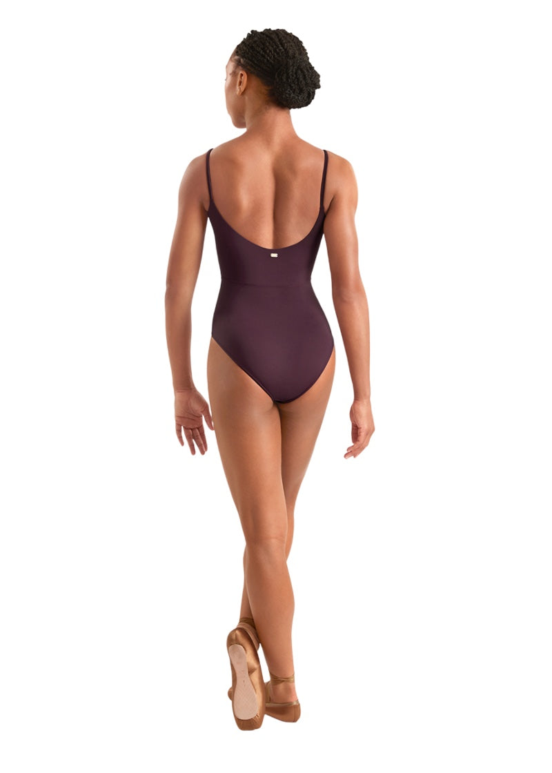 Mirella women's camisole leotard in burgundy with scoop back.