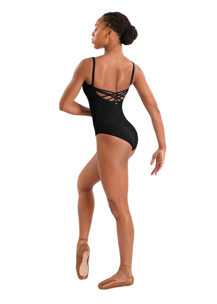 Mirella women's camisole leotard in black with criss-cross strappy back.
