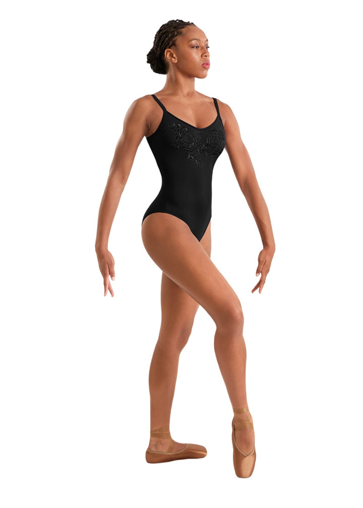 Mirella women's camisole leotard in black with floral embroidery.