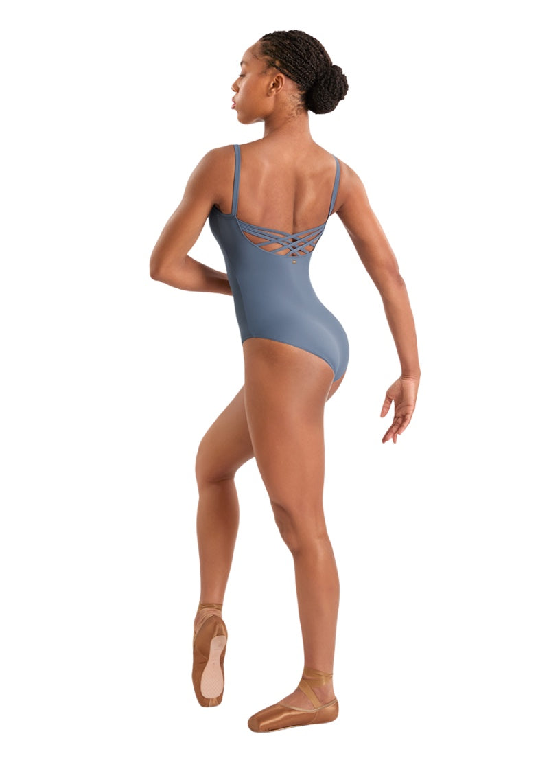 Mirella women's camisole leotard in light blue-grey with criss-cross strappy back.