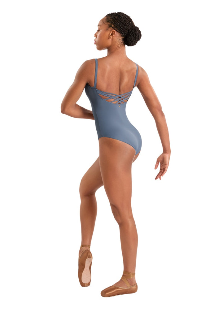 Mirella women's camisole leotard in light blue-grey with criss-cross strappy back.