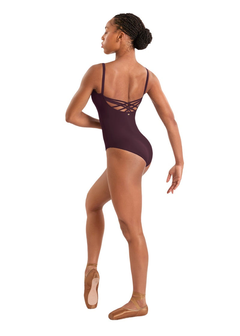 Mirella women's camisole leotard in burgundy with criss-cross strappy back.