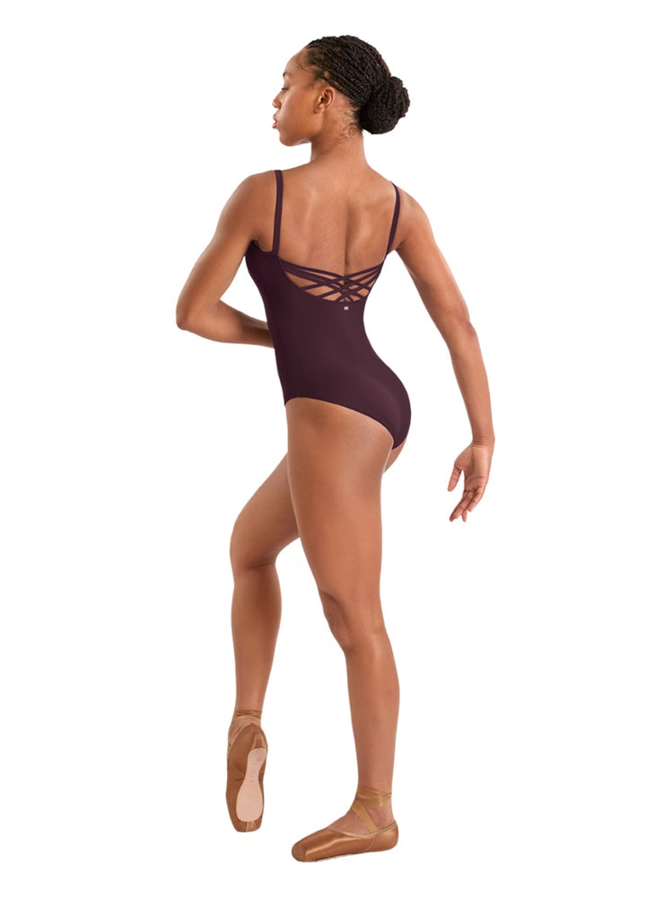 Mirella women's camisole leotard in burgundy with criss-cross strappy back.