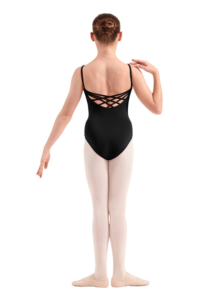 Mirella girls camisole leotard in black with criss-cross strappy back.