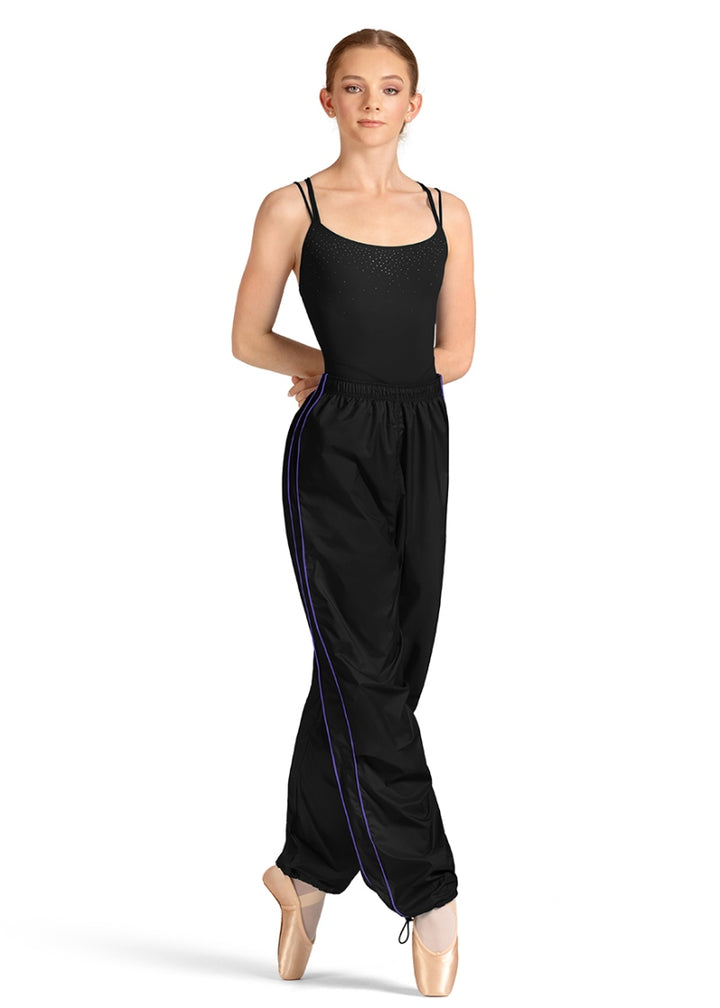 Mirella M80005L ripstop trash bag warm-up pants in black with adjustable leg openings and pinstripe details