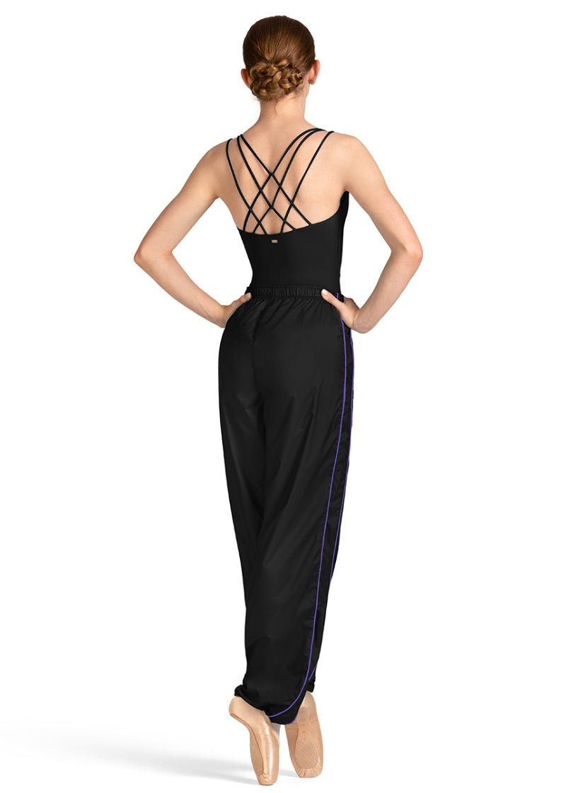 Mirella M80005L ripstop trash bag warm-up pants in black with adjustable leg openings and pinstripe details