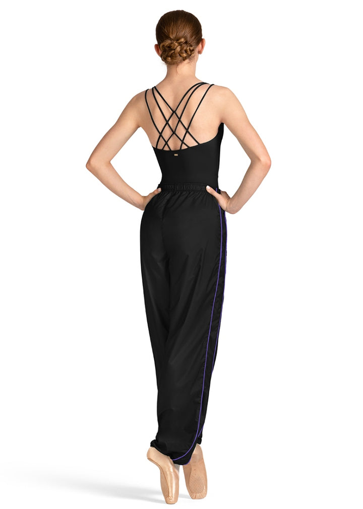 Mirella M80005L ripstop trash bag warm-up pants in black with adjustable leg openings and pinstripe details