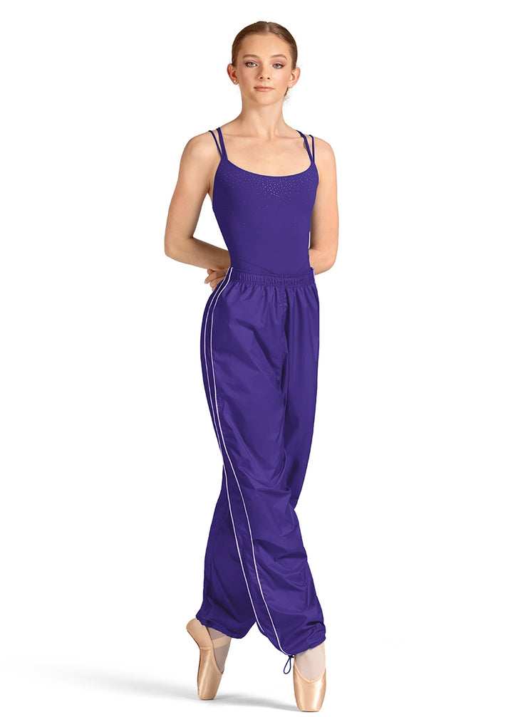 Mirella M80005L ripstop trash bag warm-up pants in purple with adjustable leg openings and pinstripe details
