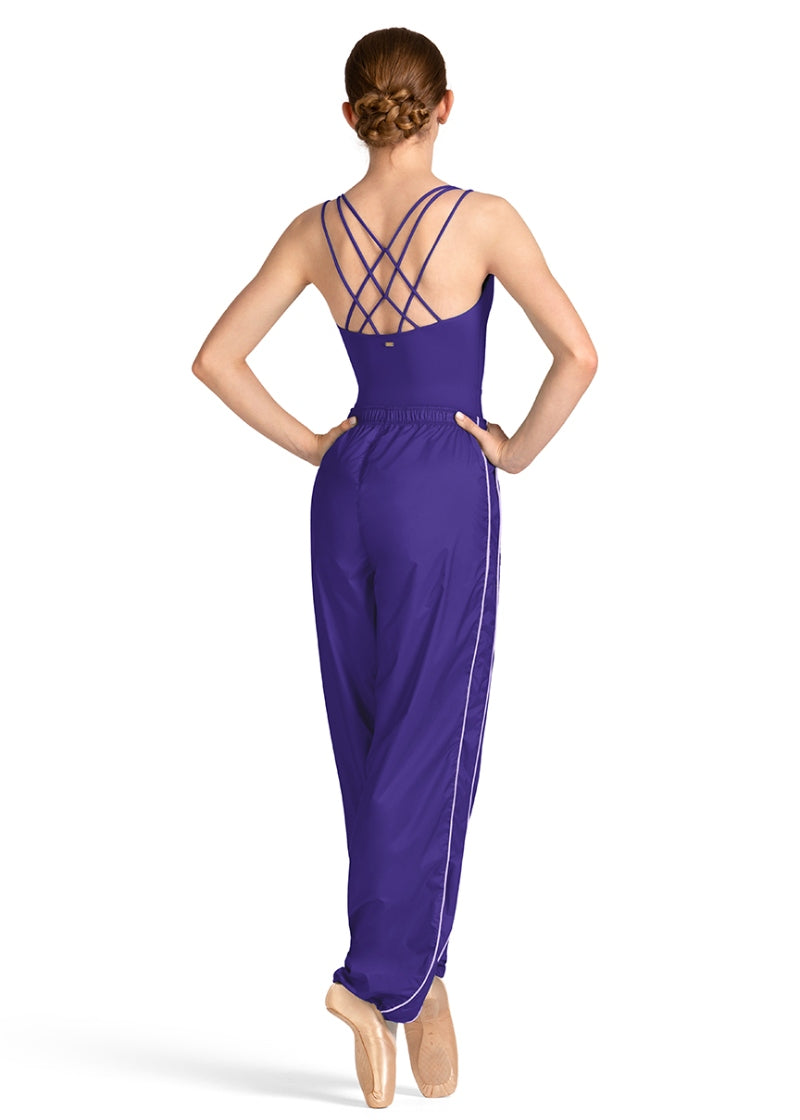 Mirella M80005L ripstop trash bag warm-up pants in purple with adjustable leg openings and pinstripe details