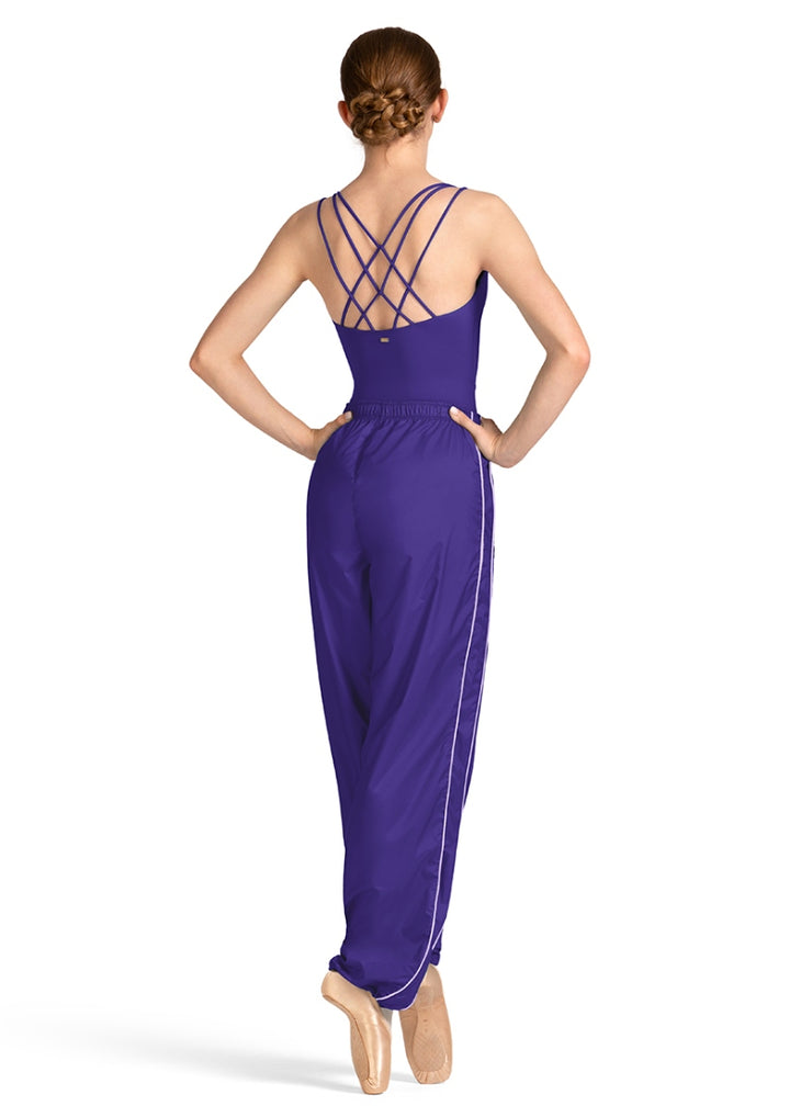 Mirella M80005L ripstop trash bag warm-up pants in purple with adjustable leg openings and pinstripe details