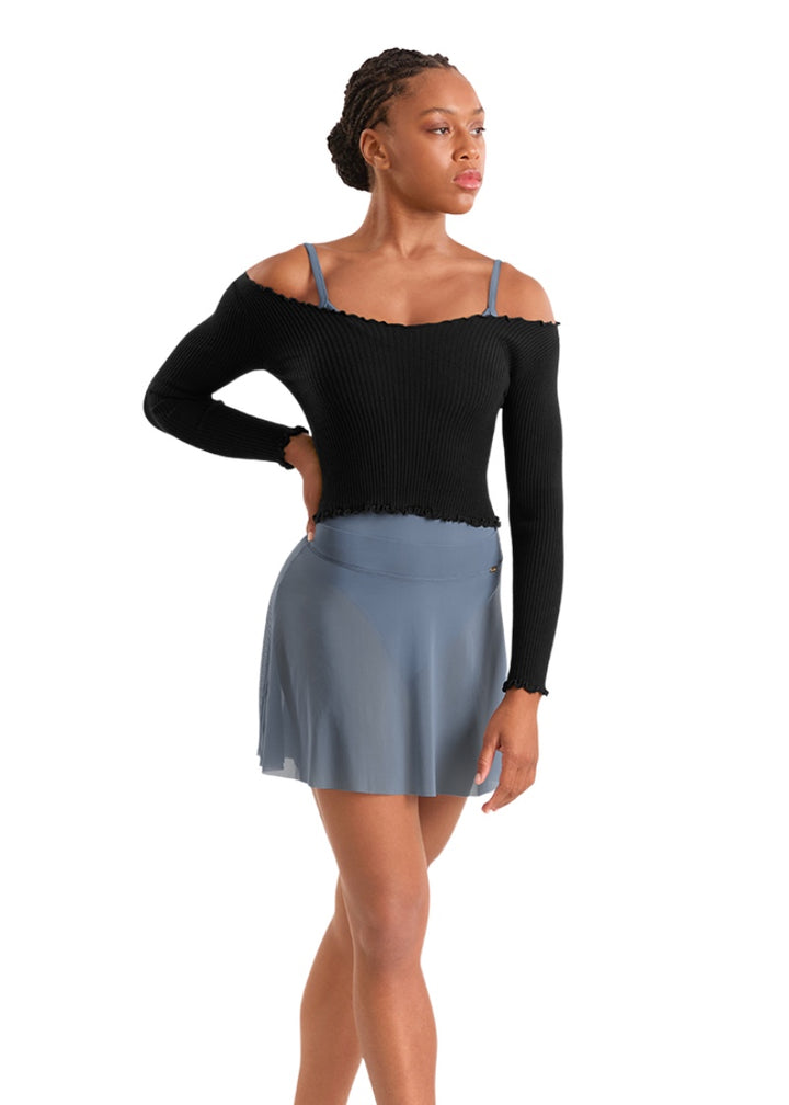 Mirella women's mesh high-low pull-on skirt in light blue-grey.