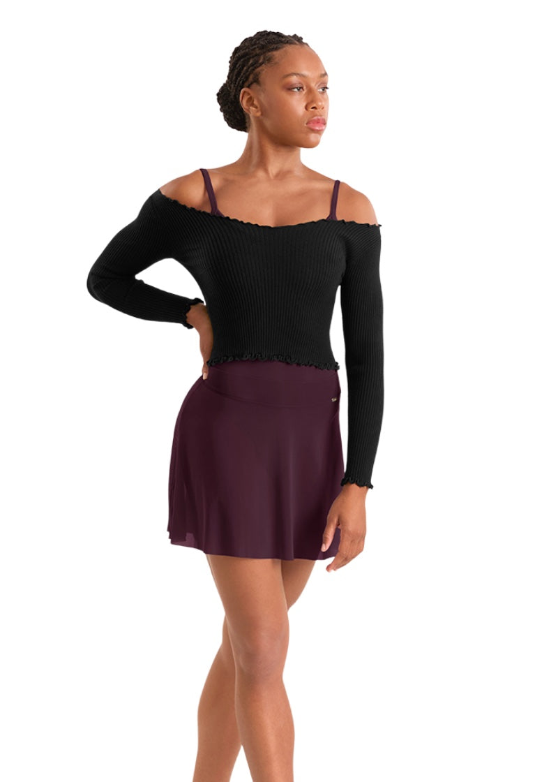 Mirella women's mesh high-low pull-on skirt in burgundy.