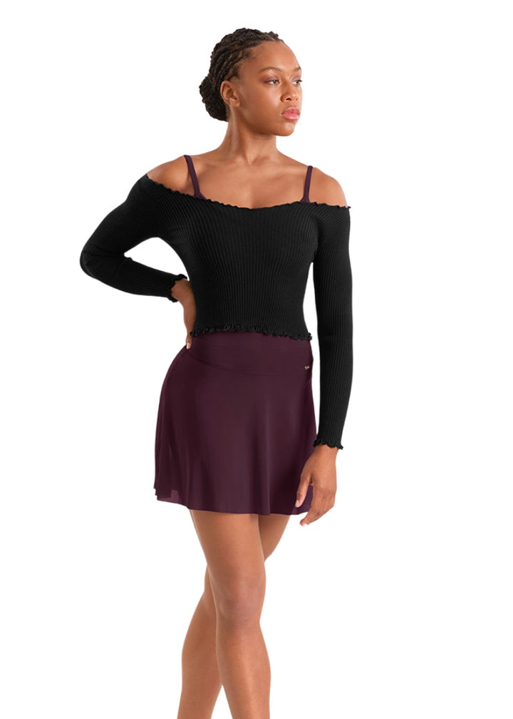 Mirella women's mesh high-low pull-on skirt in burgundy.