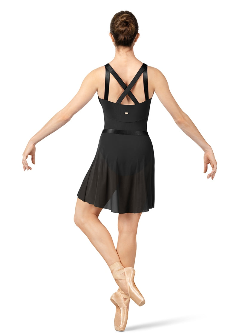 Mirella black mock wrap pull-on skirt with elastic waistband pictured with black leotard