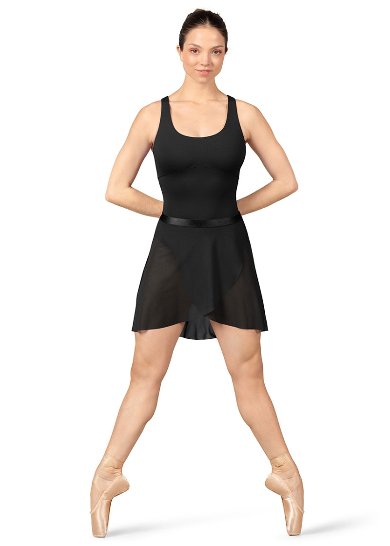 Mirella black mock wrap pull-on skirt with elastic waistband pictured with black leotard
