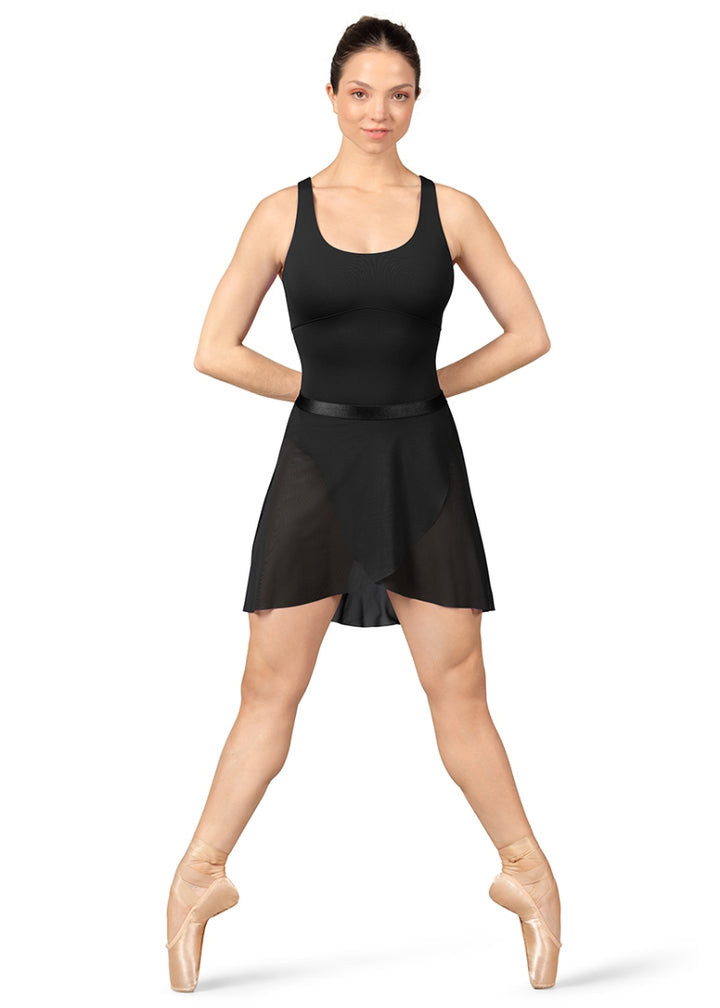 Mirella black mock wrap pull-on skirt with elastic waistband pictured with black leotard