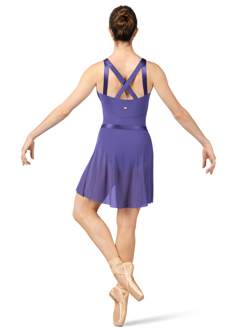 Mirella blue mock wrap pull-on skirt with elastic waistband pictured with blue leotard