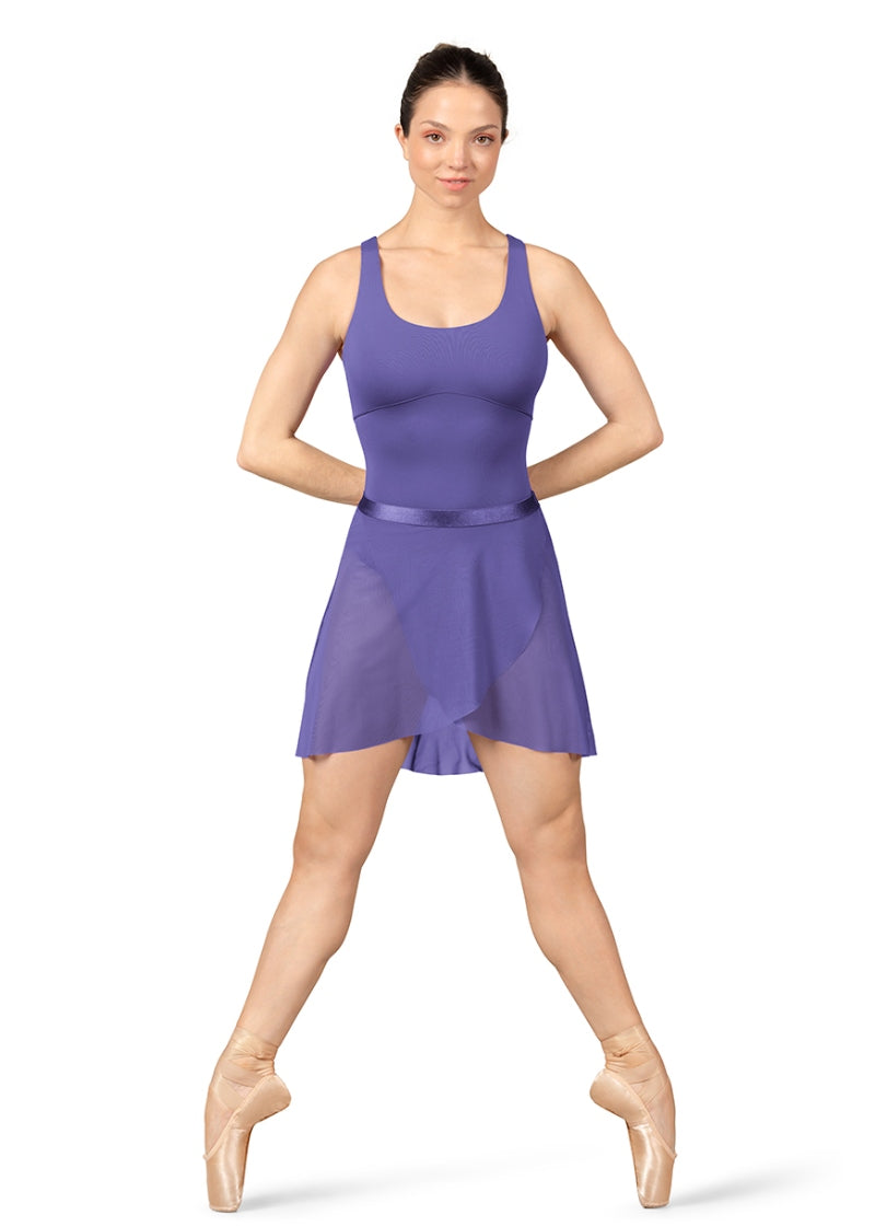 Mirella blue mock wrap pull-on skirt with elastic waistband pictured with blue leotard