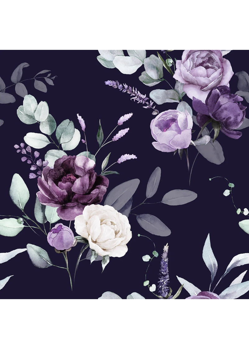 Eleve Dancewear Moonlit Garden Eclipse floral print in navy blue, white, and shades of purple