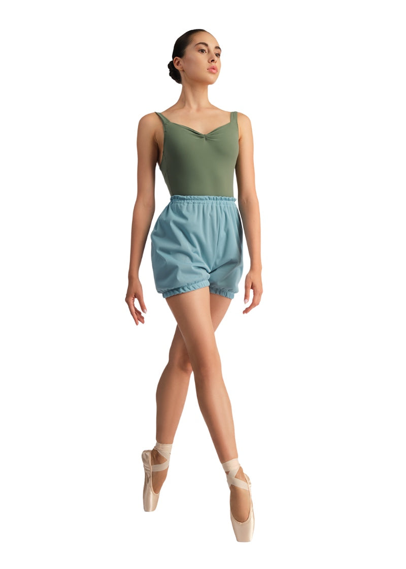 Nikolay women's Bae heat retention shorts in light blue with gathered waistband.