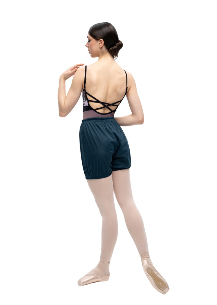 Nikolay women's Bae heat retention shorts in dark teal with gathered waistband.