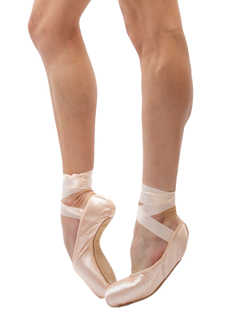 Nikolay 0545N NeoPointe pointe shoe in pink satin with flexible shank, low vamp, and drawstring closure