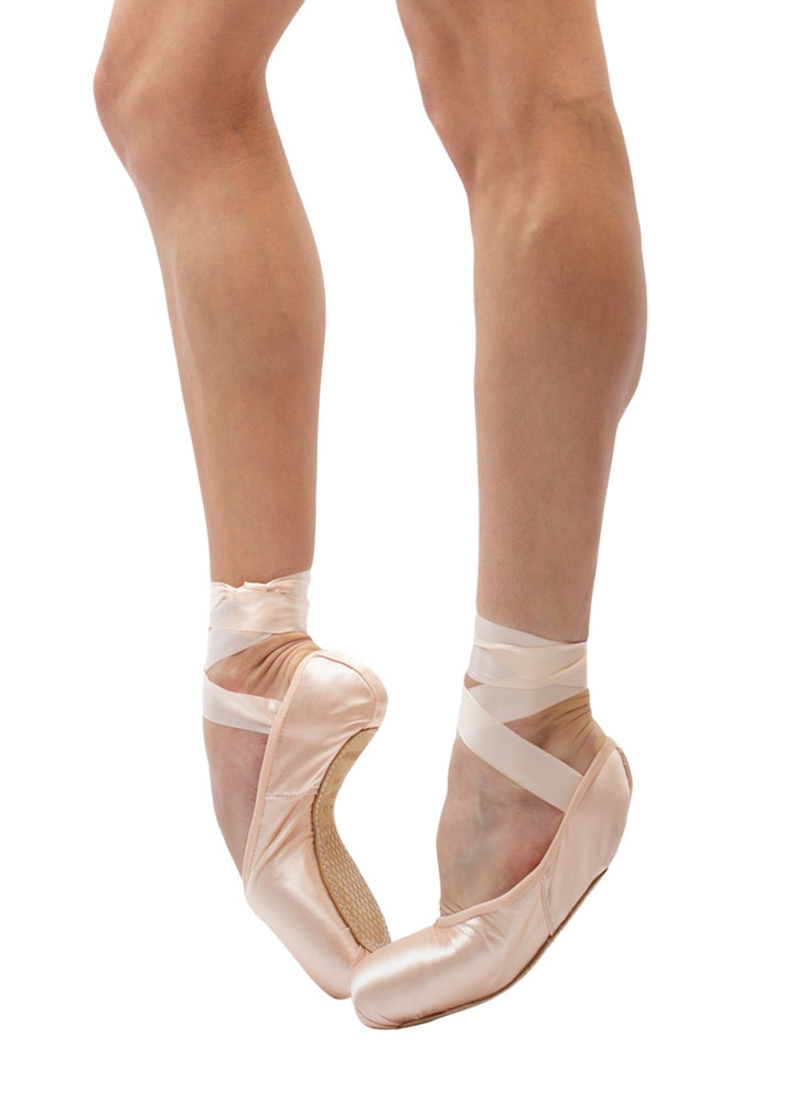 Nikolay 0545N NeoPointe pointe shoe in pink satin with flexible shank, low vamp, and drawstring closure