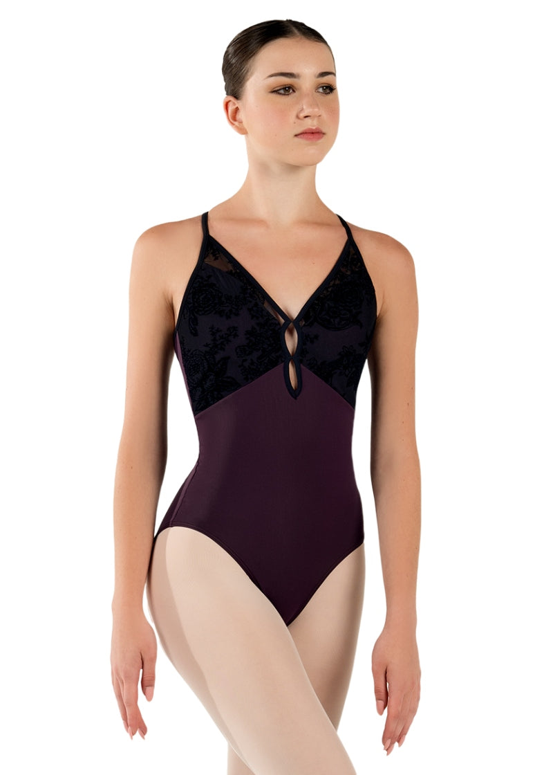 Nikolay purple camisole leotard with black lace bust and keyhole detail