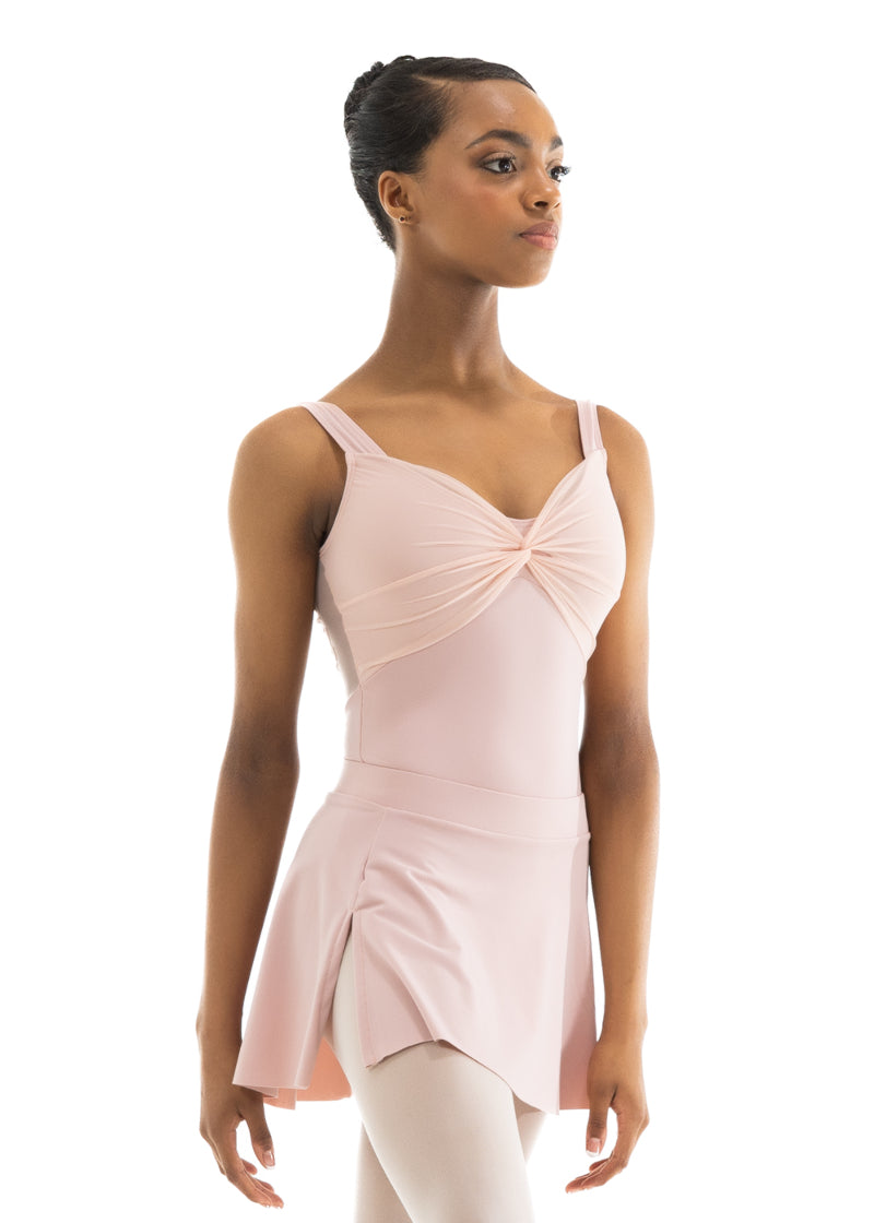 Nikolay women's Tomika tank leotard in light pink with mock twist front and sweetheart neckline.