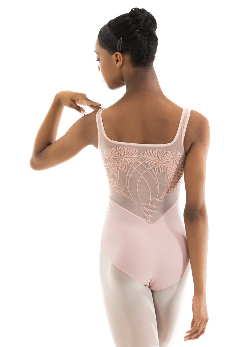 Nikolay women's Tomika tank leotard in light pink with flocked detail on mesh back.