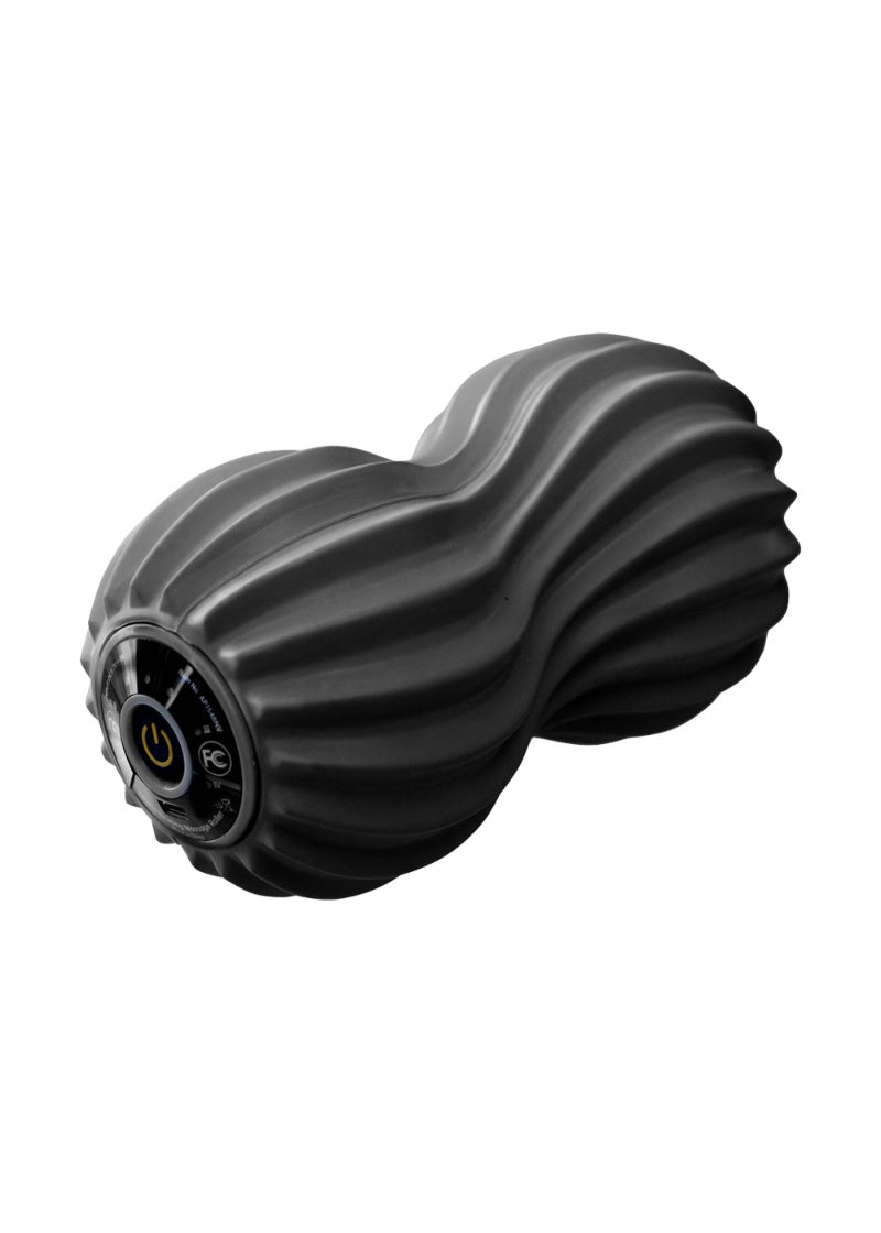 Grey peanut shaped muscle roller with ridges for massage and buttons to control vibration.