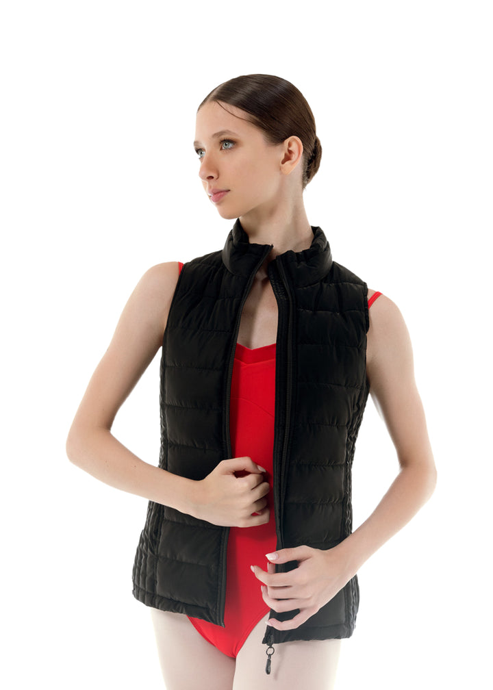 Nikolay women's Cloud puffy vest in black with full zip front.