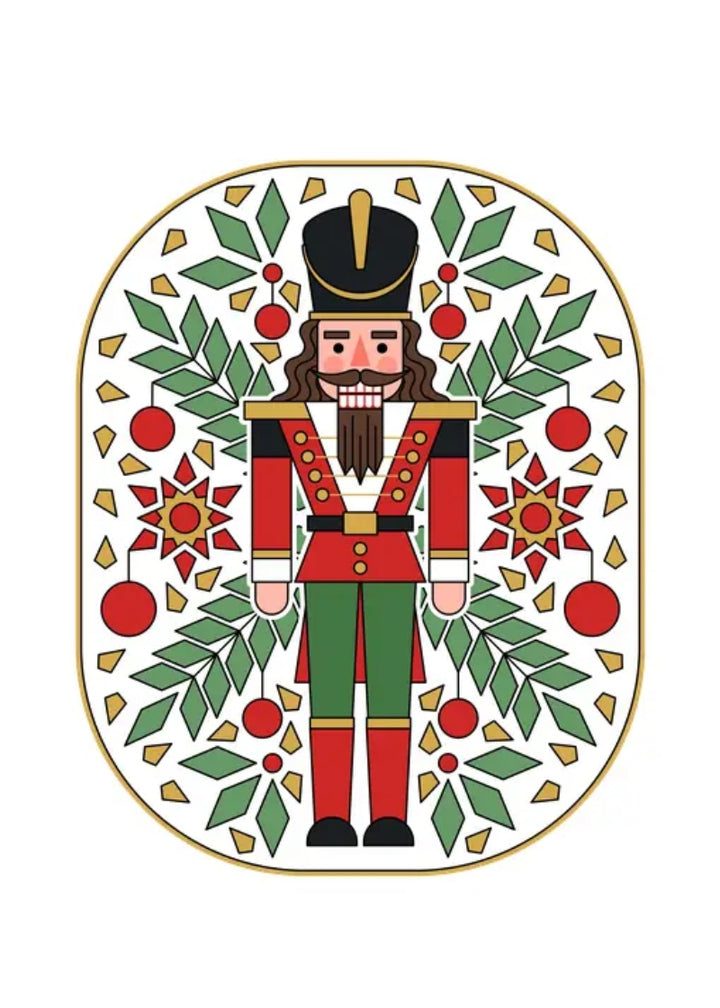 Cartoon nutcracker with holly on white background.