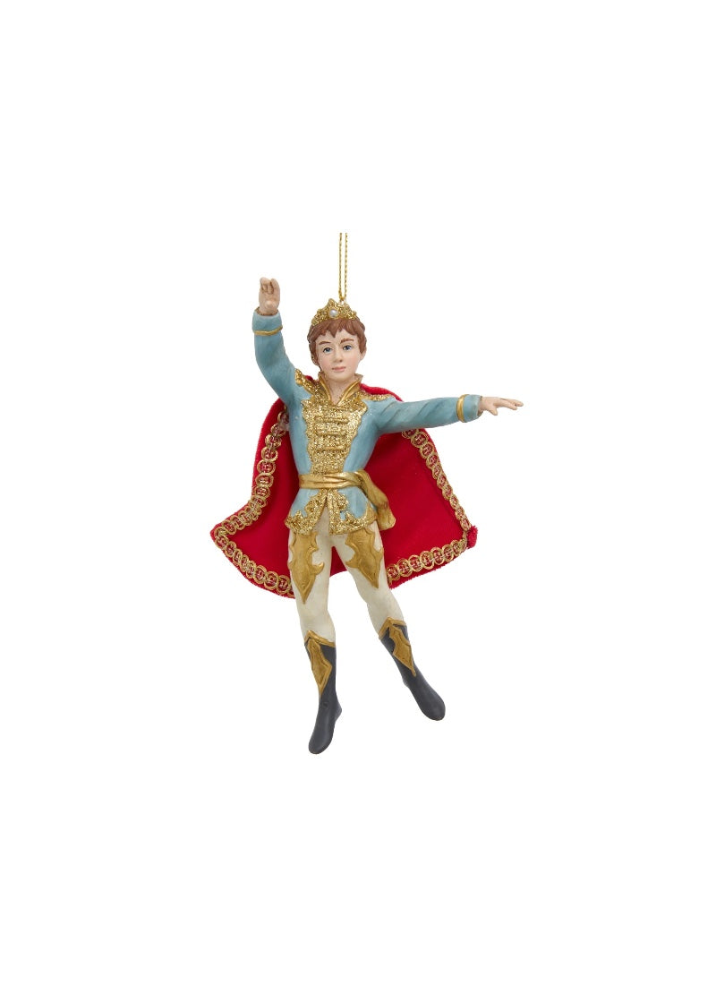 Nutcracker Prince holiday ornament with blue and gold shirt and red cape.