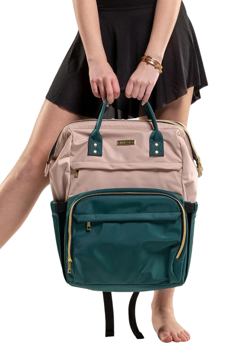 Oh La La OLL252-BAY Studio Essentials Large Dance Backpack in Bayberry Dark Green and Beige with gold zipper details