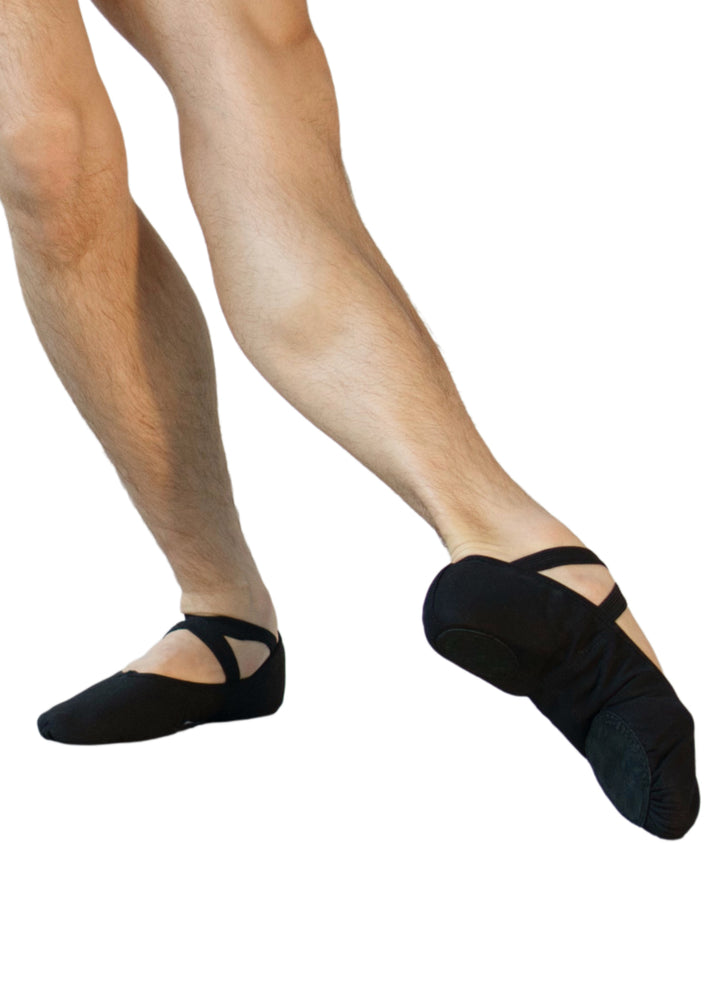 Orza Pro 2.0 Men's Split-Sole Canvas Ballet Shoe in Black with shock-absorbing materials, shown on a male dancer