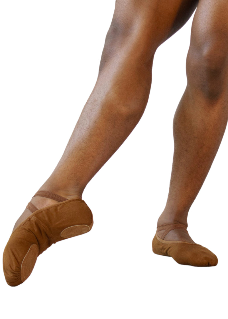 Orzao Pro 2.0 Men's Split-Sole Canvas Ballet Shoe in Cocoa medium-dark skin tone with shock-absorbing materials, shown on a male dancer