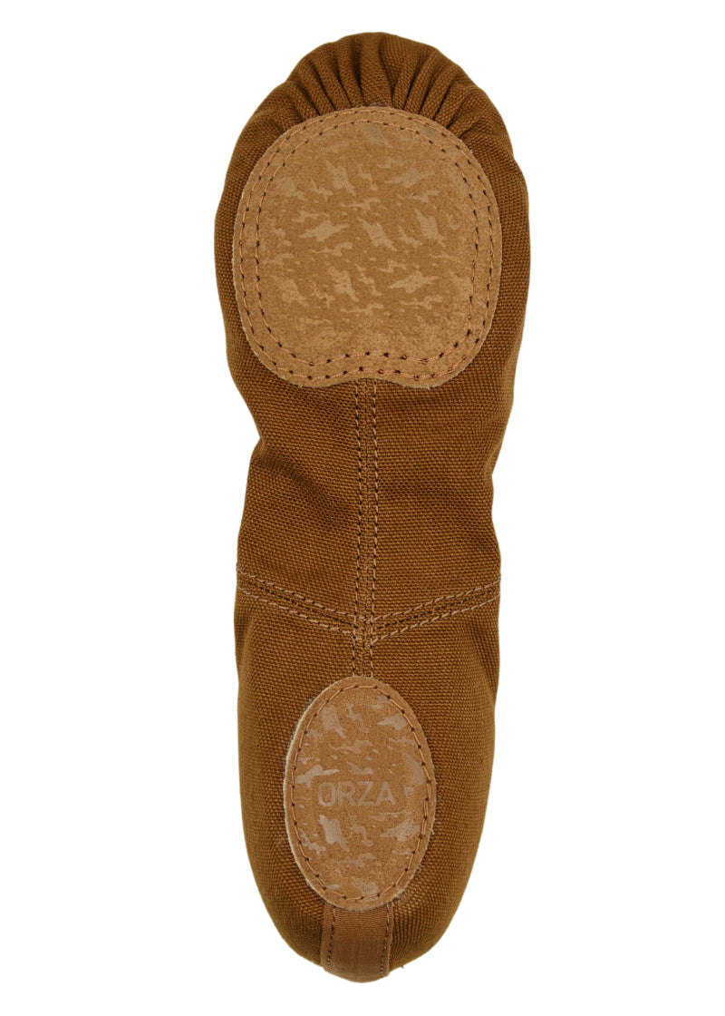 Orzao Pro 2.0 Men's Split-Sole Canvas Ballet Shoe in Cocoa medium-dark skin tone with shock-absorbing materials, with suede sole patches