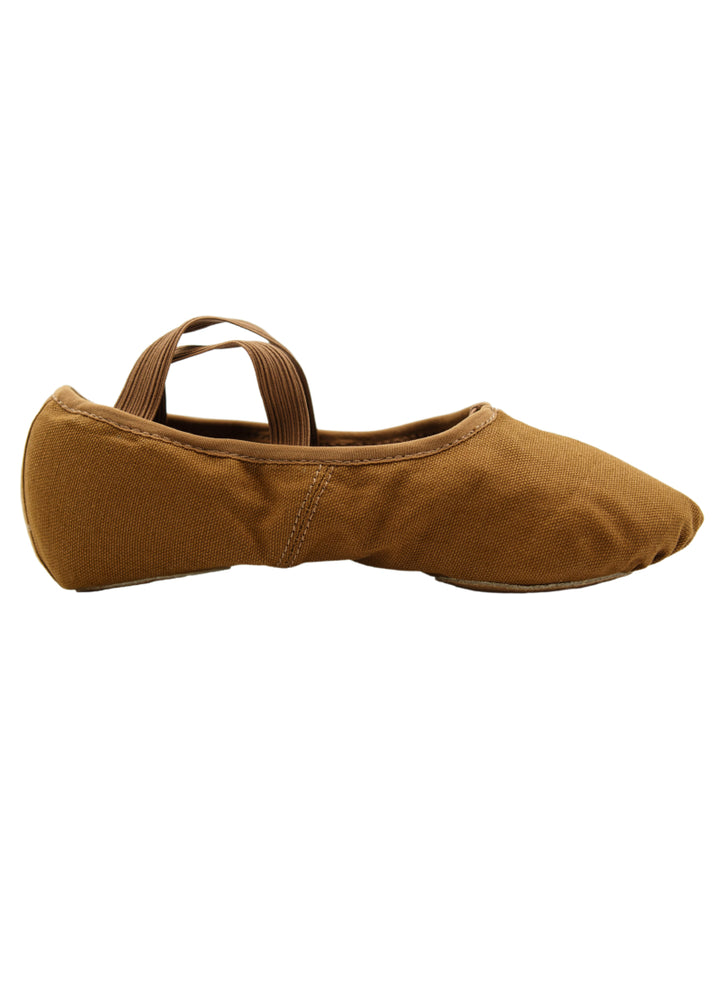 Orzao Pro 2.0 Men's Split-Sole Canvas Ballet Shoe in Cocoa medium-dark skin tone with shock-absorbing materials, pre-sewn criss-cross elastics, and drawstring closure