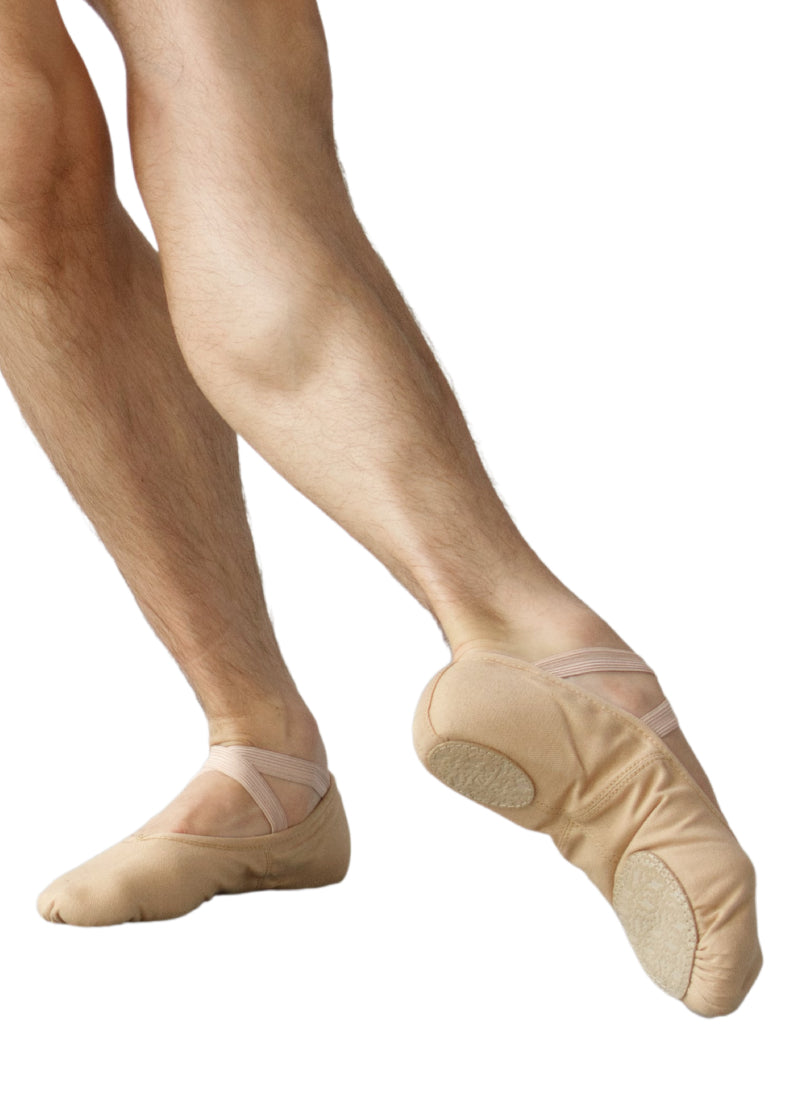 Orza Pro 2.0 Men's Split-Sole Canvas Ballet Shoe in Sand Light Skin Tone, shown on a male dancer
