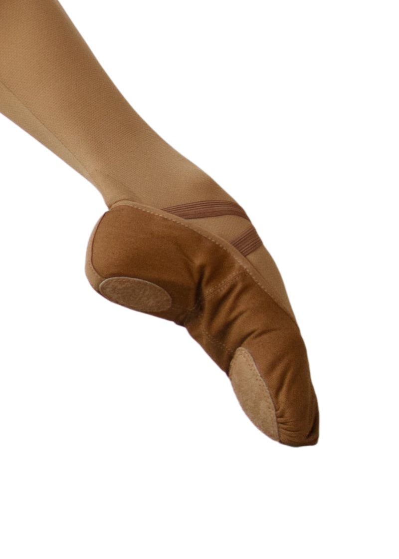 Orza Pro 2.0 Women's Split-Sole Canvas Ballet Shoe in Cocoa medium-dark skin tone color, with innovative shock-asborbing technology, shown on a ballet dancer wearing matching tights