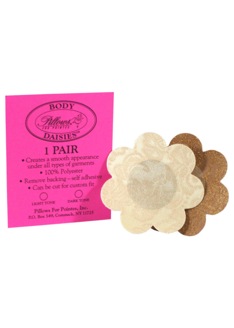 Pillows for Pointes BDA Body Daisies Women's Nipple Concealer Breast Petals, available in a light beige skin tone and a dark brown skin tone