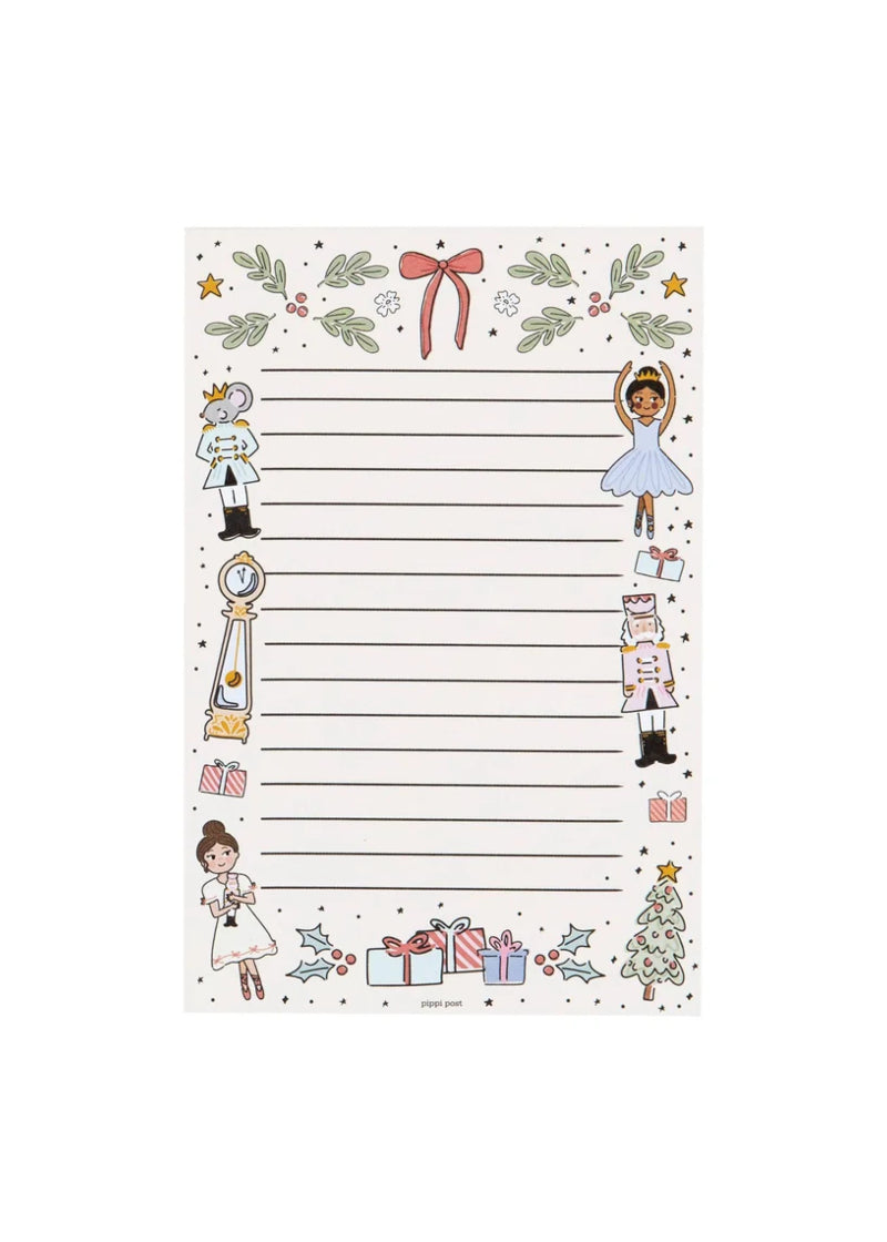 Pippi Post 480720 4"x6" 52 sheet lined paper notepad with cartoon Nutcracker characters and holiday decorations around border.