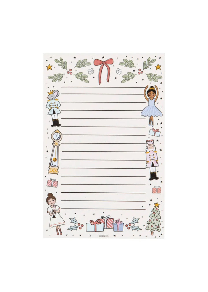 Pippi Post 480720 4"x6" 52 sheet lined paper notepad with cartoon Nutcracker characters and holiday decorations around border.